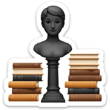 Minimalistic flat vector icon, iOS style, thin black contour on white background. Bust statue on a small pedestal next to a stack of books, symbolizing classic literature. Clean, no text, no shadows sticker