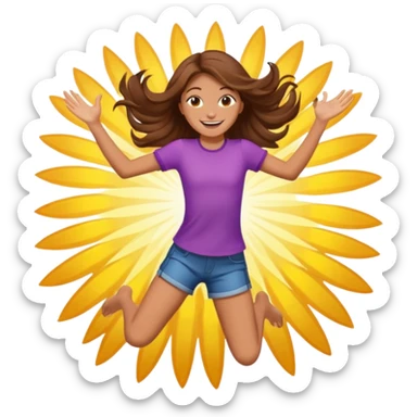 Girl with long brown hair happy jumping in the air with sunbeams in the background  sticker