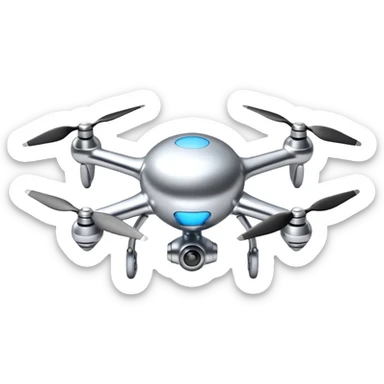 A futuristic drone emoji made of polished silver chrome, smooth rounded body, minimal propellers, reflective metallic surface, soft studio lighting, iOS emoji style, centered, clean white background sticker