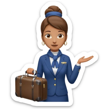 flight attendant, Light Brown skin, brown hair in single bun, neck scarf, suitcase sticker