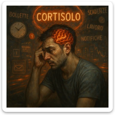 semi-realistic, symbolic surrealism, moody lighting; man around 30 years old with signs of chronic stress: tired eyes, tense muscles, curved posture; glowing floating symbols with the word 'Cortisolo' in Italian with orange-red aura; chaotic and blurred background with clocks, digital notifications, city traffic, financial charts, all with Italian words ('bollette', 'scadenze', 'lavoro', 'traffico', 'notifiche'); visible brain with neural activity in red and orange, detailed facial expression sticker