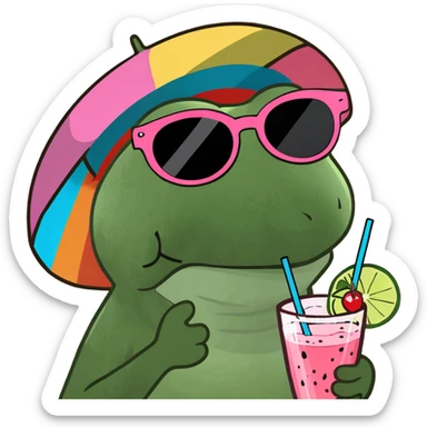Bufo frog in a jumping pose, wearing a rainbow umbrella hat, round sunglasses, holding a pink cocktail, classic Bufo meme style sticker