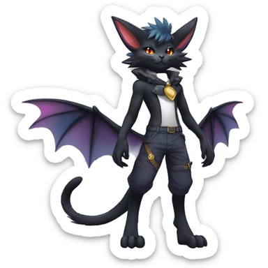 cool edgy anthro godly colorful ethereal black fantasy beautiful elegant nargacuga-Noivern-cat-Fakemon wearing a collar, cargo pants, full body sticker