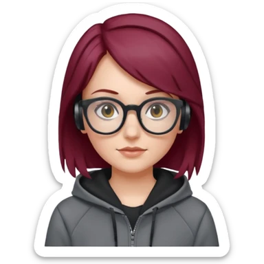 white girl with burgundy hair, gray squared-glasses, black deportive hoodie and black headphones sticker