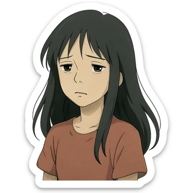 pale girl with long black hair, sad expression, emotional, ghibli style sticker