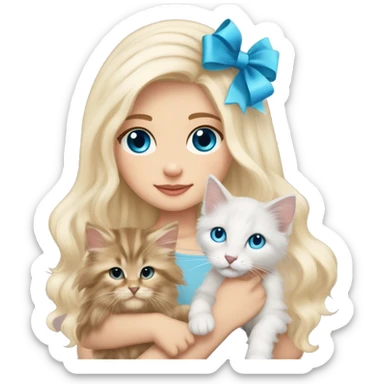 pale blonde girl with long platinum white wavy hair with bright blue eyes and wearing a light pink hair bow holding a beige long haired main coon kitten also wearing a hair bow sticker