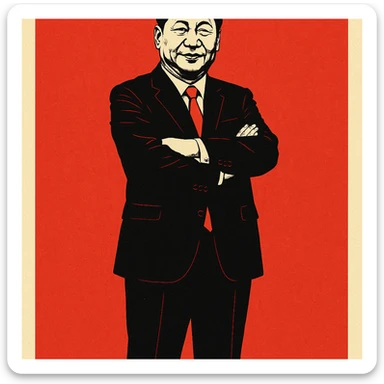 full-body portrait, Xi Jinping lookalike, arms crossed, black suit, red tie, centered, bold poster style, plain background sticker