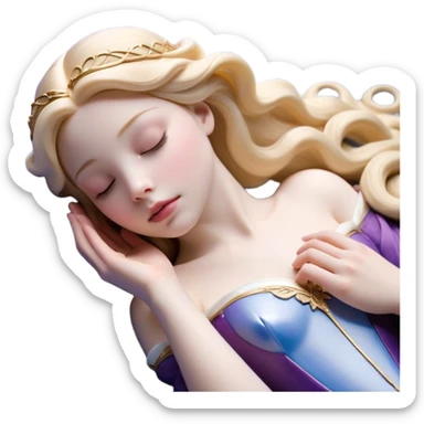 Cinematic Realistic Sleeping Beauty (Aurora) Portrait, with porcelain-like skin featuring a natural rosy flush, illuminated by soft lighting that highlights the gentle contours of her face. Her golden blonde hair flows in soft, detailed waves with subtle highlights that shimmer in the light. Her deep violet-blue eyes radiate warmth and innocence, framed by arched brows and long lashes. With a soft, serene smile, she holds a delicate rose gently in one hand, her other hand resting lightly by her side. She is dressed in her classic pink gown, the fabric rich in texture with delicate folds that catch the light. A golden crown rests atop her head, gleaming with royal refinement. The portrait captures a soft, glowing aura, blending realism with an ethereal sense of beauty and timeless enchantment. sticker