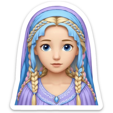 Joven de unos 30 años, de aspecto dulce, elegante.
Piel clara, ojos (pueden ser azules o verdes)
Rubio o castaño largo, con trenzas.
Vestido largo de tonos suaves (blanco, azul o lavanda), con bordados dorados; un manto o toca fina cubriendo la cabeza. Que se vea todo el cuerpo de pies a cabeza sticker