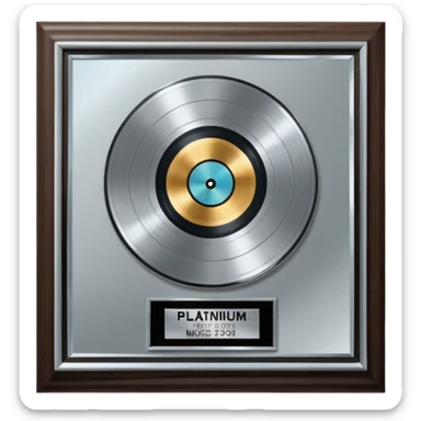 A platinum music award plaque: a square, polished platinum plate with a subtly textured, mirror-like finish, mounted on a simple dark wood base. The center features a relief of a or stylized vinyl record in a slightly darker metallic tone.  sticker