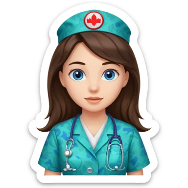 pretty brunette nurse with long hair and blue eyes in dinosaur pattern scrubs sticker