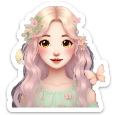 Cute kawaii gorgeous pretty anime cartoon pastel lady with butterflies and beautiful hair fairycore cottagecore detailed high quality trending aesthetic sticker