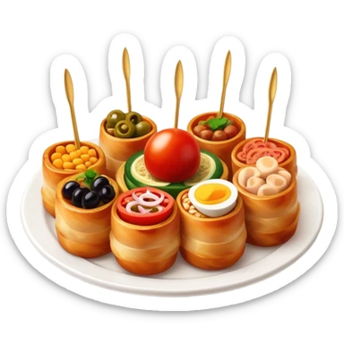 Tapas (4 Pintxos) Cinematic Realistic Tapas Dish Emoji, depicted as an assortment of 4 pintxos elegantly arranged on a plate, rendered with lifelike textures and vibrant, inviting lighting. sticker
