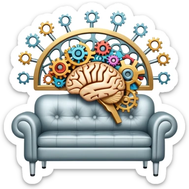 An icon featuring a brain with gears, a mind map, and a therapy couch, symbolizing psychology. The design includes a set of mental health tools, representing understanding the human mind. Transparent background sticker