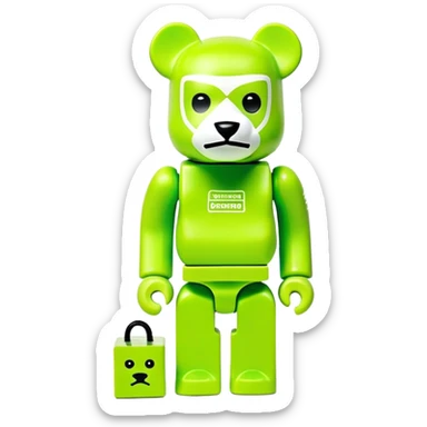 geometric bearbrick figurine with cube-shaped head, lime green balaclava with Supreme box logo on it, expressive eyebrows visible, toy design sticker