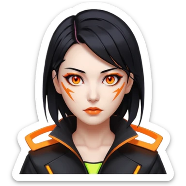 Cyberpunk Japanese woman, mid-50s looking young, sharp features, sleek black hair, glowing orange eyes, vengeful expression, neon highlights. sticker