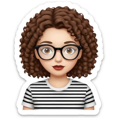 I want to describe me. I am a girl with brown hair amd curly hair. I have brown eyes and black glasses and long lashes with mascara. My lips are medium and my nose as well. I wear a white T-shirt  with black stripes. I am white skin with long curly hair sticker