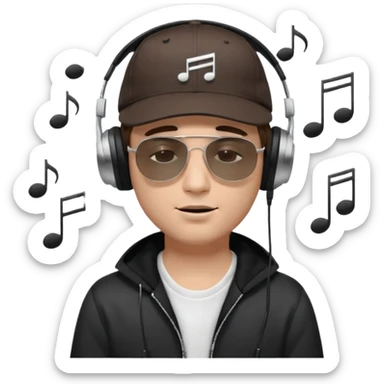 dj man white with baseball cap - rayban Sun Glasses 80s - brown hair - closed eyes with headphones on with musical note over head (listening to music ) - eyes closed no glasses - black hat  musical notes floating around head -  sticker