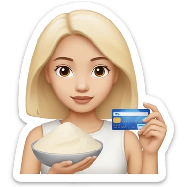 A girl with a credit card in one hand and a pile of flour  sticker