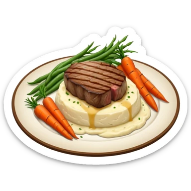 Medium well Wagyu steak on a bed of creamy garlic mash potatoes couples with pan seared carrots and  green beans sticker