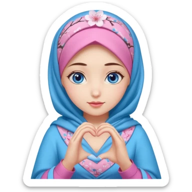 Turkish beautiful finish Konya girl blue eyes with mini cherry blossom hijab and lila blue pink dress and she make heart with hands sticker
