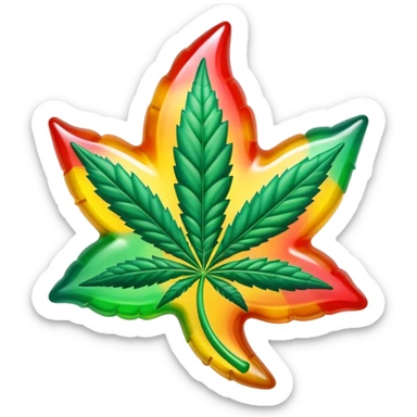 colorful shiny gusher gummy shaped like a cannabis leaf with a bite mark showing the liquid center sticker