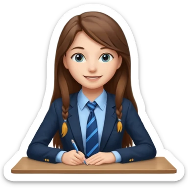 high school class room with a pretty female high school student with long brown hair, blue eyes, wearing a tie, sitting in front of the blackboard sticker