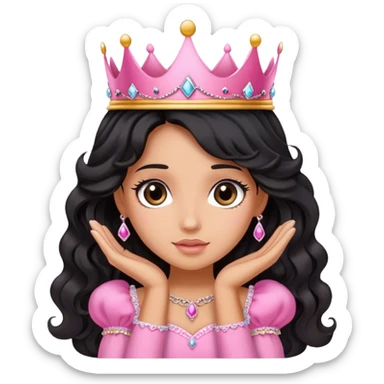 Very very very tanned skin princess, with long black wavy hair and crown and an pink princess outfit with a cute pose with face leaned on her hands sticker