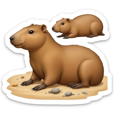 a capybara with a seal laying on a peaceful beach with other capybaras close by sticker