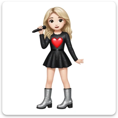 Sabrina carpenter singing at a concert wearing a black sparkly mini dress with silver at the end, with silver sparkly boots with heart cut out on the side. Colorful stage setting  sticker