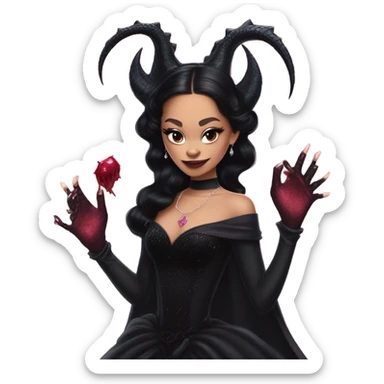 low cut black evening gown with see-through gloves, Jenna Ortega as Addams woman prom queen wearing a mini tiara, very large blood  pink evil-looking horned old dragon companion sticker