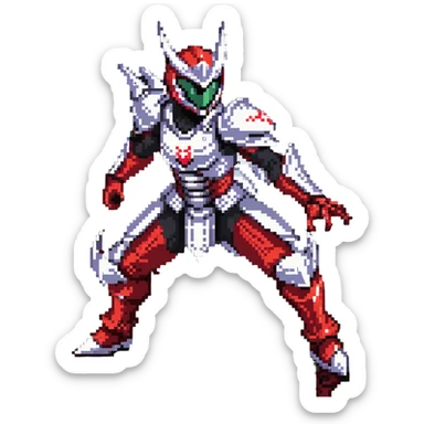 Kamen Rider Ryuki in full red and silver armor with black underlayers, silver dragon-themed helmet with sharp visor slits, intricate scale-like paneling, in a defensive yet ready pose, facing a lunging mirror monster sticker