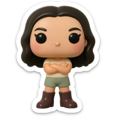 Funko Pop style vinyl figure, enhanced version: superior quality, smooth tanned skin, detailed dark hair, textured clothing with cream top and greige bottoms, dark greige leather boots clearly visible, arms crossed, rosy cheeks, very discreet freckles, mischievous and cheerful expression, no mouth, transparent background. sticker