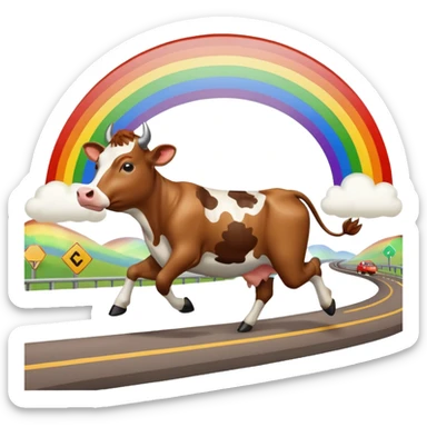 a cow running across a highway on a rainbow shooting a gun sticker
