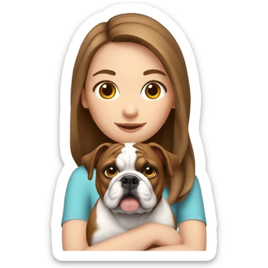 White girl with brown hair holding English bulldog sticker