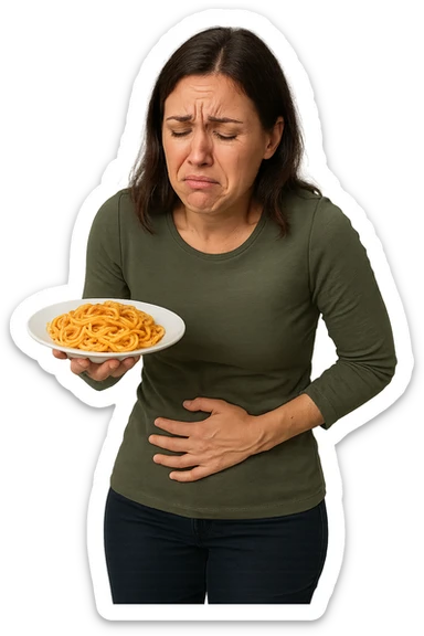 DONNA CON PIATTO DI PASTA IN MANO E MAL DI PANCIA, FA FATICA A DIGERIRE sticker