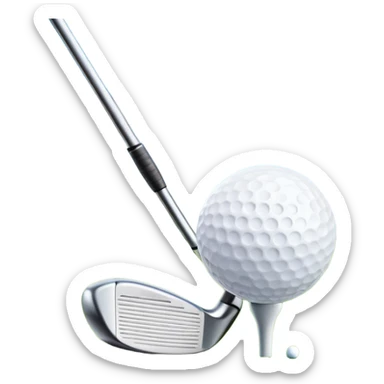 A golf ball on a tee, with a golf club placed beside it on the lush green fairway. The background shows a serene golf course with neatly trimmed grass and a clear blue sky, emphasizing the elegance and precision of the game. sticker