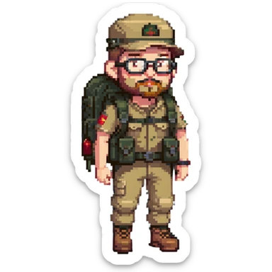 adventurer with goatee beard (no beard on cheeks), short hair, glasses, backwards military tan cap and backpack sticker