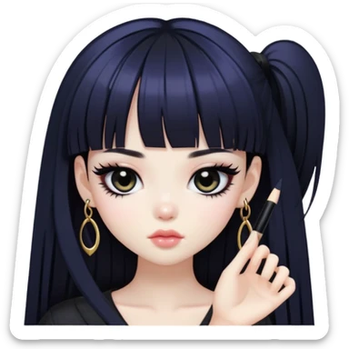 straight black long bangs hair, korean pale skin, dark black iris, pretty bratz baddie, black eyeliner sticker