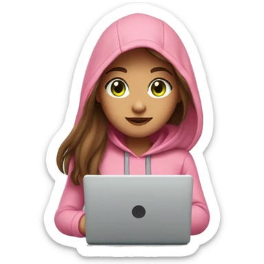 A girl with brown long hair, fair skin and green eyes, working at a modern laptop in a plain pink hoodie sticker