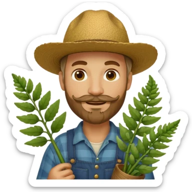 farmer emoji in classic apple style, same outfit and hat as original 🧑‍🌾, holding a bunch of fiddlehead ferns, light moustache and beard, facial features inspired by reference photo, smiling sticker
