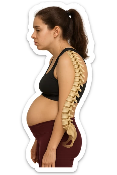 DONNA GIOVANE FITNESS DI PROFILO CON LA POSTURA SBAGLIATA, SPINA DORSALE UMANA ANATOMICA REALISTICA IN EVIDENZA, LA PANCIA IN FUORI E LE SPALLE CHIUSE sticker