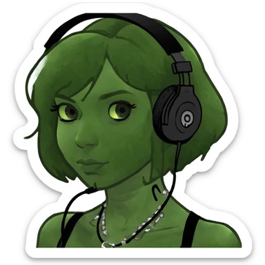 cool white girl with medium length shaggy brown hair with all black headphones and cool jewelry and a nose piercing  sticker