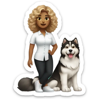 She is wearing black trousers and a white shirt. She is a cute, curvy woman with brown and blond highlight curls at shoulder length.    next to her is an Alaskan malamute dog. the dog is black with a white spot on his face  sticker