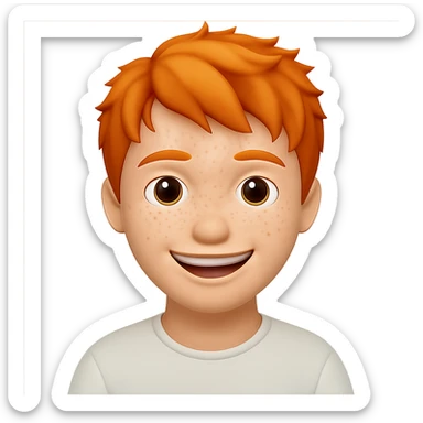 Make the strawberry blond boy with ginger freckles smile wider. The original style is a transparent background image, please keep the transparent background and the style consistent. sticker