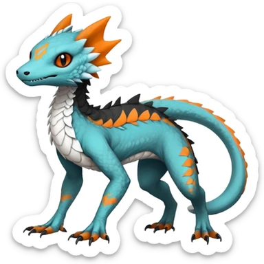 Rare realistic exotic cute white gloomy whitish and orange and cyan epic pretty beautiful handsome gorgeous aesthetic colorful vibrant Vernid-Trico-species-Fakemon-Salandit-hybrid-creature by LiLaiRa, 4 legs, 1 tail, random markings, (full body) sticker