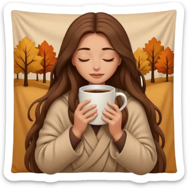 long brown hair woman closed eyes hiding under a cozy wool beige blanket, holding cup of coffee, autumn mood sticker