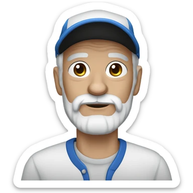 Blue eyed Old man with goatee beard ball cap holding black Chihuahua long hair sticker