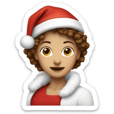 White lady with brown curly heat wearing Santa hat sticker