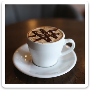 a realistic cup of mocha, photorealistic style, white ceramic cup, chocolate drizzle on top, creamy texture, cozy coffee shop vibe sticker